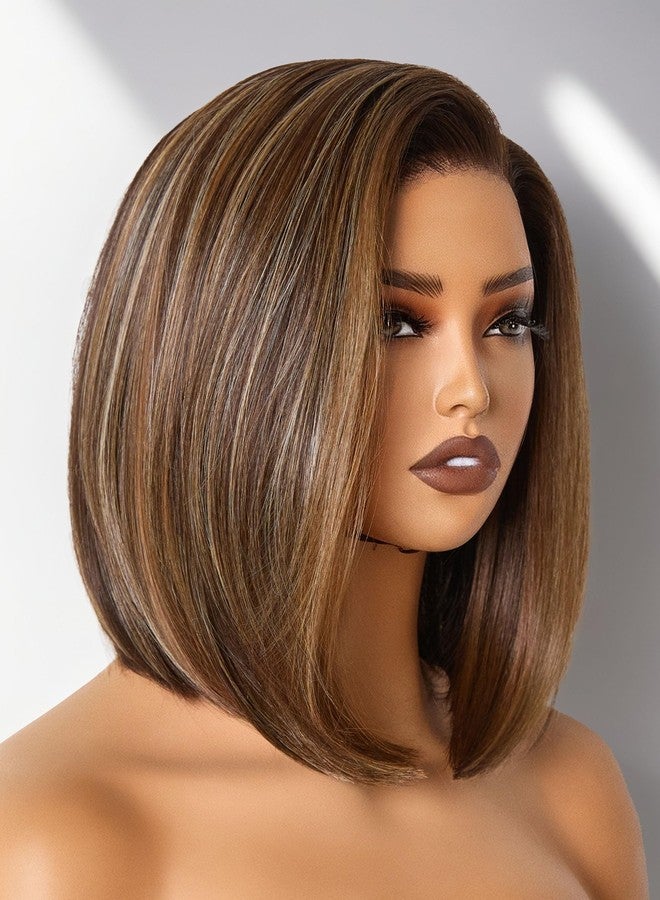 GORGIUS Brown Highlight Bob Lace Front Wig Glueless Straight Short Wigs Upgrade with Human-Hair-Like Sythetic Hair Pre Cut Pre Plucked Side Part Hairline 12 Inch - Image 1